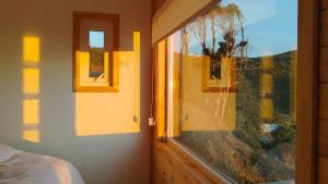a bedroom with a window with a view of a tree at Refugio en Tril tril in Bahía Mansa