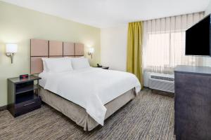 a hotel room with a large bed and a flat screen tv at Candlewood Suites Cheyenne by IHG in Cheyenne +26 photos