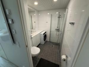 a bathroom with a toilet and a sink and a shower at Convenient Studio for 2 in Nokia