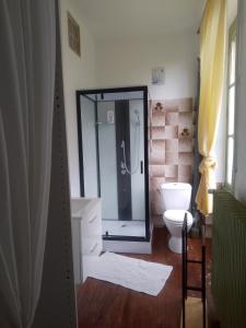 a bathroom with a toilet and a glass shower at BB des 6 arcs"" in Coulonces