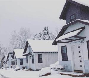 a row of houses covered in snow at The Ridgeline | Near Saddleback • Walk to Rangeley Lake in Rangeley +4 photos