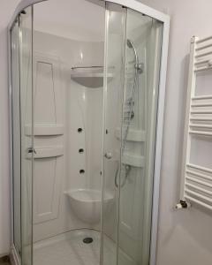 a glass shower stall with a sink in a bathroom at Retro House in Pantelimon +41 photos