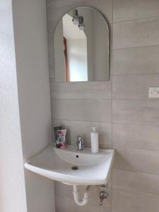 a bathroom with a white sink and a mirror at Pr' Končovc - wooden tent in Kranj