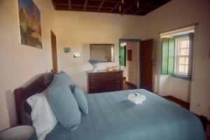 a bedroom with a blue bed with a dresser and a mirror at Quinta Dos Ribeiros in Alpalhão +51 photos