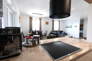 a kitchen with a counter top and a living room at Vila Mira in Gračišče +37 photos