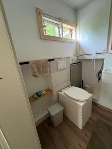 a small bathroom with a toilet and a window at Große Auszeit im Tiny House in Schashagen