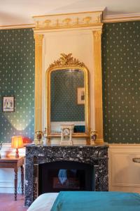 a bedroom with a fireplace with a mirror over it at Château de Mons Gard in Mons