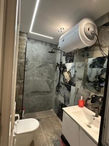 a bathroom with a shower and a toilet and a light at Guesthouse Dritan Selimaj in Valbonë