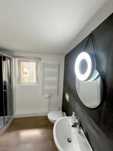 a bathroom with a sink and a toilet and a mirror at Schönste Aussicht in Königstein an der Elbe