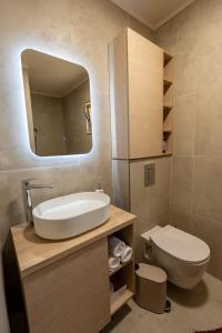 a bathroom with a sink and a toilet and a mirror at Avila Casa in Podgorica +28 photos