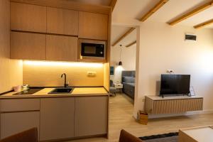 a kitchen with a sink and a tv in a room at Avila Casa in Podgorica