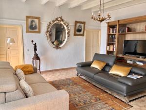 ein Wohnzimmer mit Sofa und Fernseher in der Unterkunft Solacargese-Le Jardin d'Irène-Vue panoramique exceptionnelle sur la Méditerranée in Cargèse