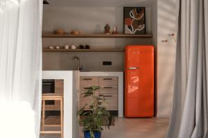 a kitchen with an orange refrigerator and a plant at NINEMO Village in Fternón