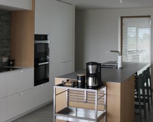a kitchen with a counter with a coffee maker on it at Het Plategoed in Oosthoek +13 photos
