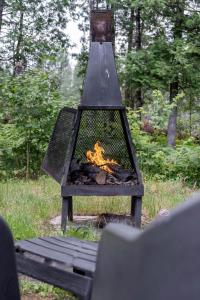 a barbecue grill with a fire in a park at Le Clorane spa relax in Chertsey +33 photos