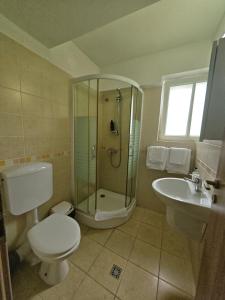 a bathroom with a shower and a toilet and a sink at Anna ByTheSea By iVAVev in Eforie Sud +52 photos