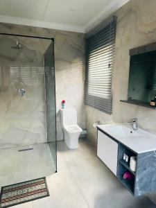 a bathroom with a toilet and a sink and a shower at Sharks View in Port Shepstone