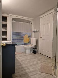 a bathroom with a toilet and a sink and a shower at Comfortable stay - 2-bedroom apartment in Saint John
