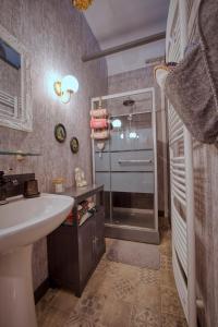 ein kleines Badezimmer mit Waschbecken und Dusche in der Unterkunft Studio Malou - Cosy, grande terrasse et vue rivière in Olliergues