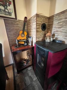 a room with a fireplace and a guitar on the wall at Meandri Ćehotine in Pljevlja