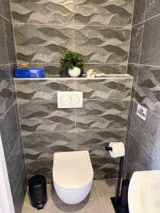 a bathroom with a toilet and a sink at Jetlag Bradić in Velika Gorica +1 photo