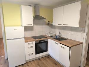 a kitchen with white cabinets and a sink at Apartment Maria Domžale in Domžale +4 photos