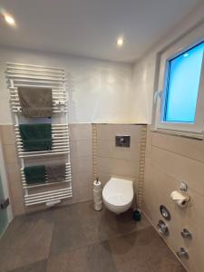 a small bathroom with a toilet and a window at klimatisiertes, gemütliches Ferienhaus in Koblenz