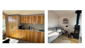 two pictures of a kitchen with wooden cabinets at 302 Charmantes naturnahes Tiny House- das Herman in Bleckede