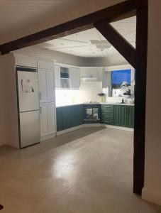 a kitchen with green cabinets and a white refrigerator at Glenmore in Doonbeg