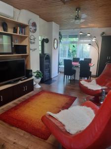 a living room with a couch and a television at Rika Vendégház in Pécsvárad +16 photos