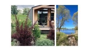 two pictures of a house with a view of a lake at 302 Charmantes naturnahes Tiny House- das Herman in Bleckede