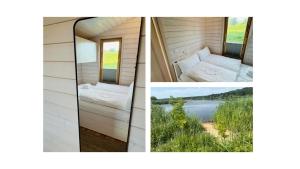 two pictures of a room with a bed and a window at 302 Charmantes naturnahes Tiny House- das Herman in Bleckede