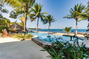 a pool on the beach with palm trees and the ocean at Beachfront 2BR Villa with Pool & Spacious Layout in Placencia +246 photos