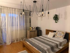 a bedroom with a bed and a chandelier at Harmony House Vera Lux in Dragomireşti
