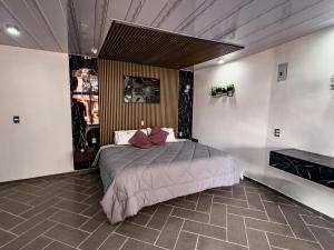 a bedroom with a bed with purple pillows on it at Suites de Luxe en Hotel in Cuetzalán del Progreso +7 photos