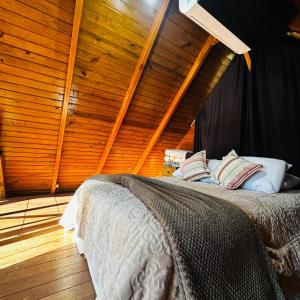 a bedroom with a bed with a wooden wall at Chalé Brisa Verde in Rio dos Cedros +19 photos