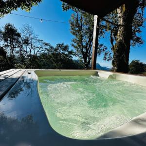 a jacuzzi tub with green water in it at Chalé Brisa Verde in Rio dos Cedros