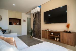 a living room with a flat screen tv on the wall at Douro River Apartment in Vila Nova de Foz Coa