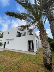 a white house with a palm tree in front of it at VILLA EVASION Aglou Center in Zaouia Sidi Ouaggag