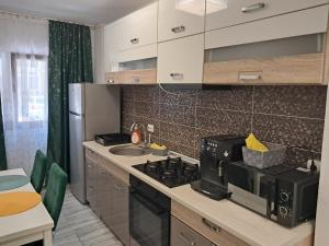 a kitchen with a stove and a sink and a microwave at Apartament NECTARIA in Băile Herculane