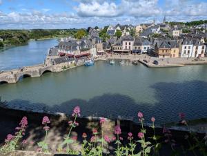 a river with a town and a bridge and flowers at Chambre d'hôtes Thé ou Café in Auray