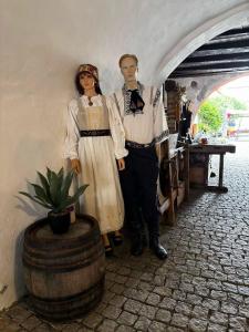 a man and woman in historical clothing standing next to a barrel at Taschler Haus in Sighişoara