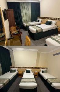 two pictures of a hotel room with two beds at فندق كرمك اجياد السد in Ajyad