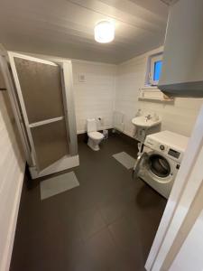 a bathroom with a shower and a toilet and a sink at Room 2 in Hästveda