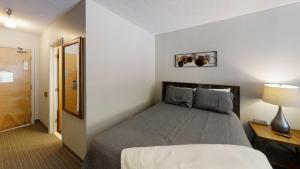 a bedroom with a bed and a lamp and a mirror at Inn at Snowshoe in Snowshoe +21 photos