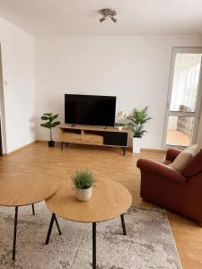 a living room with a tv and a couch and a table at Apartnám Harmony in Martin