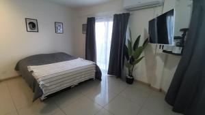 a bedroom with a bed and a window with a plant at Apart Plaza Escobar in Belén de Escobar