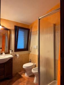 ein Badezimmer mit Dusche, Toilette und Waschbecken in der Unterkunft Maison Marcel in Galtellì