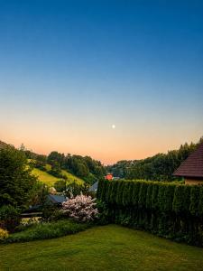 a view of the sunset from a yard with a hedge at Sluneční stráň - dům pro 9 osob in Dolni Dvur
