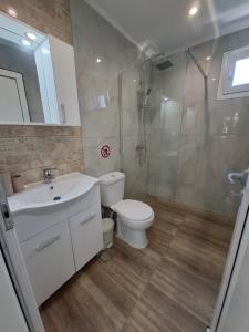 a bathroom with a toilet and a sink and a shower at Zoya's house in Nea Kallikrateia +21 photos